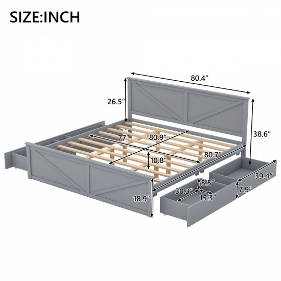 King Size Wooden Platform Bed with Four Storage Drawers and Support Legs, Gray