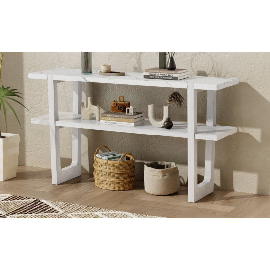 TREXM Retro Elegant Console Table with Marble-Effect Top and Versatile Storage Solutions for Entryway and Living Room (Antique White)