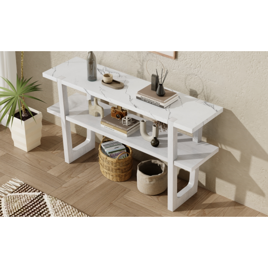 TREXM Retro Elegant Console Table with Marble-Effect Top and Versatile Storage Solutions for Entryway and Living Room (Antique White)