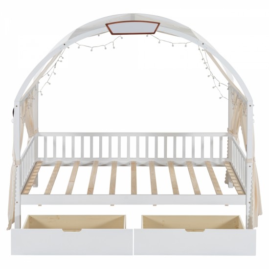 Twin Size Bed With Arched Roof and 2 Drawers, White