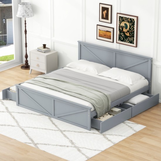 King Size Wooden Platform Bed with Four Storage Drawers and Support Legs, Gray