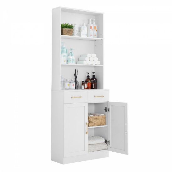 Bathroom Storage Cabinet, Cabinet with Two Doors and Drawers, Adjustable Shelf, Three-layer Open Shelf, MDF Board, White