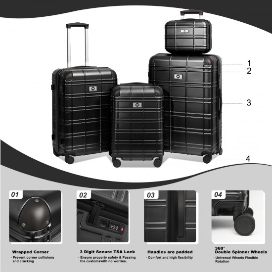 Luggage Sets ABS+PC Hardshell 4pcs  Luggage Hardside Lightweight Durable Suitcase sets Spinner Wheels Suitcase with TSA Lock (12/20/24/28),black