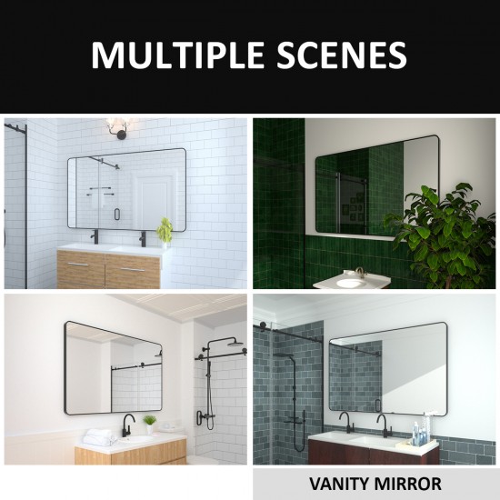 60x36 In. Aluminum Framed Rounded Rectangle Bathroom Wall Mirror, Matte Black Bathroom Vanity Mirror Farmhouse, Anti-Rust, Tempered Glass mirrors, Hangs Horizontally or Vertically