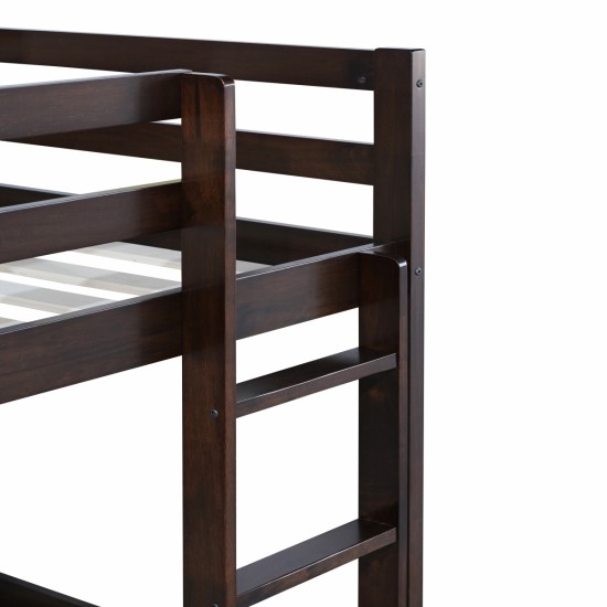 Solid Wooden, Solid Rubber Wooden Twin over Twin Loft Bed with Ladder, with Bed Platform of Strengthened Slats  , Espresso