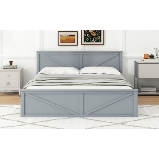 King Size Wooden Platform Bed with Four Storage Drawers and Support Legs, Gray