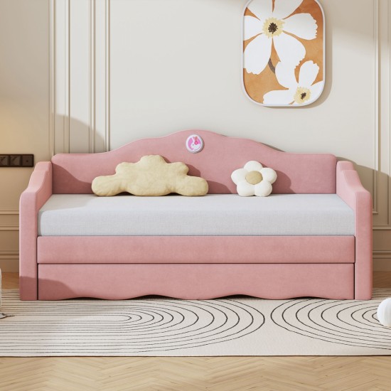 Twin Size Upholstered daybed with Wave-shaped Trundle, Pink