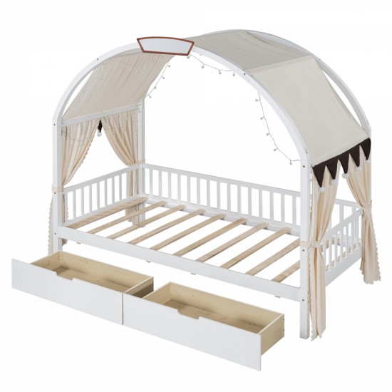 Twin Size Bed With Arched Roof and 2 Drawers, White