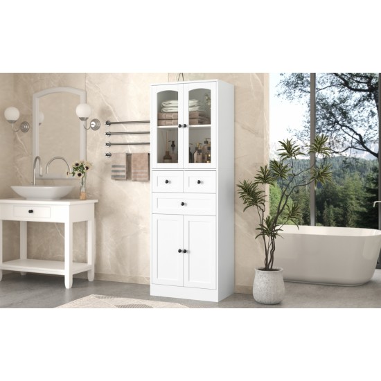 Tall Bathroom Storage Cabinet, Cabinet with Four Doors and Drawers, Adjustable Shelf, MDF Board, White