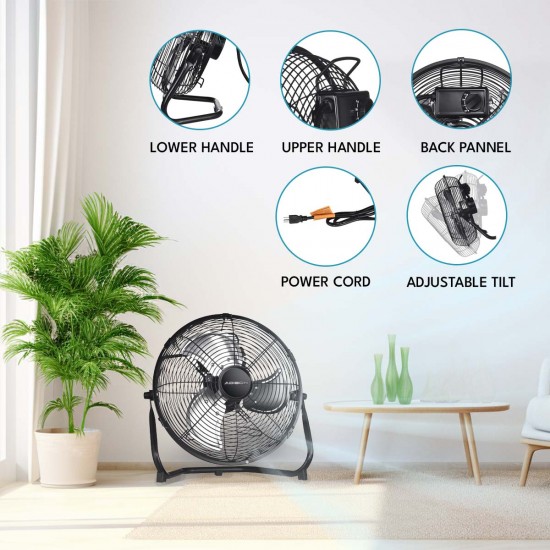 20 in. 3-Speed High-Velocity Industrial Heavy Duty Metal Floor Fan in Black with Tilting Head for Outdoor/Indoor Use