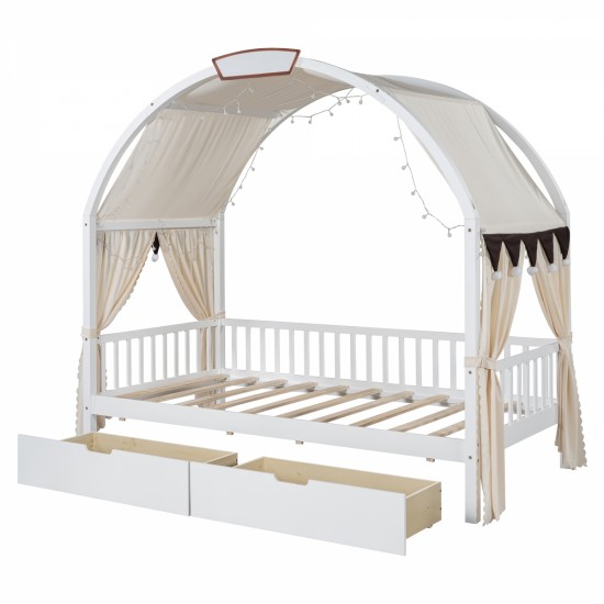 Twin Size Bed With Arched Roof and 2 Drawers, White