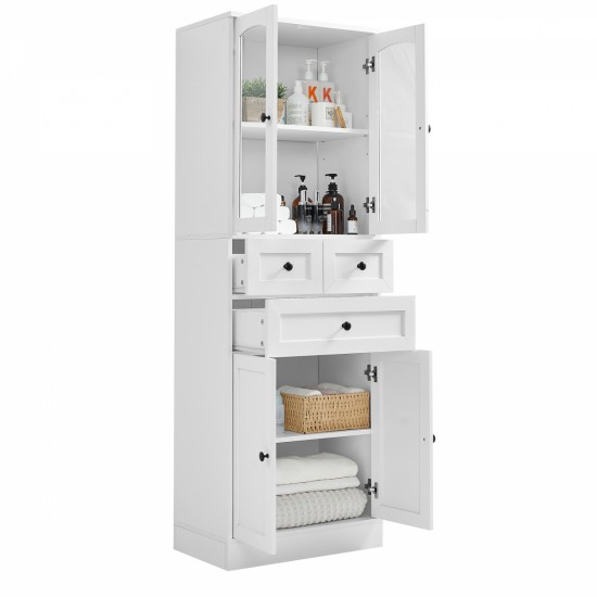 Tall Bathroom Storage Cabinet, Cabinet with Four Doors and Drawers, Adjustable Shelf, MDF Board, White