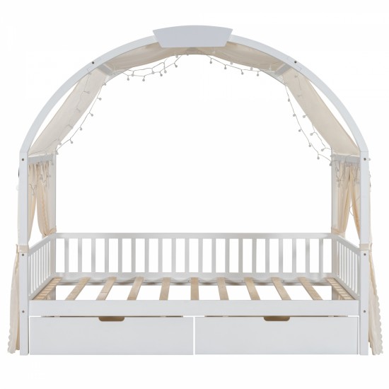 Twin Size Bed With Arched Roof and 2 Drawers, White