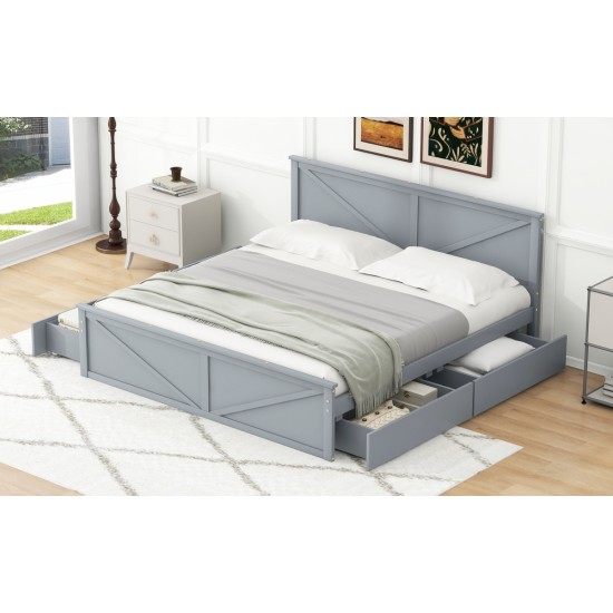 King Size Wooden Platform Bed with Four Storage Drawers and Support Legs, Gray