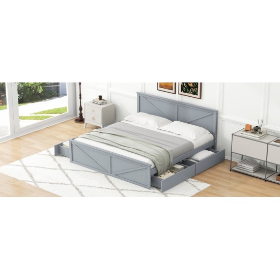 King Size Wooden Platform Bed with Four Storage Drawers and Support Legs, Gray