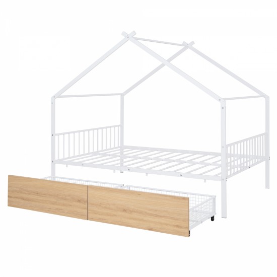 Full Size Metal House Bed with Two Drawers, White