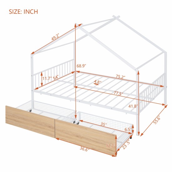 Full Size Metal House Bed with Two Drawers, White