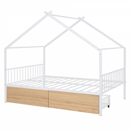 Full Size Metal House Bed with Two Drawers, White