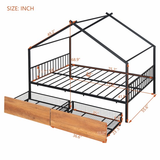 Full Size Metal House Bed with Two Drawers, Black