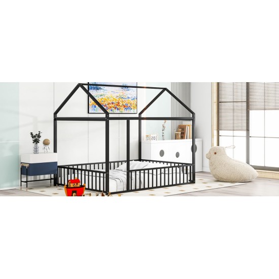 Full Size Metal Bed House Bed Frame with Fence, for Kids, Teens, Girls, Boys,Black