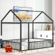 Full Size Metal Bed House Bed Frame with Fence, for Kids, Teens, Girls, Boys,Black