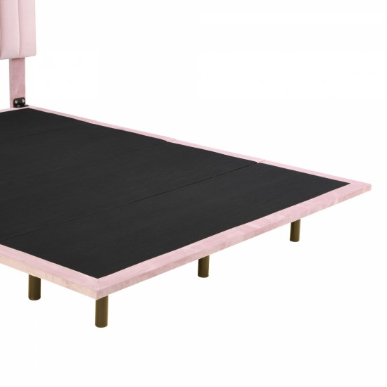 Queen Size Upholstered Bed with LED lights and Headboard, Floating Velvet Platform Bed, Pink