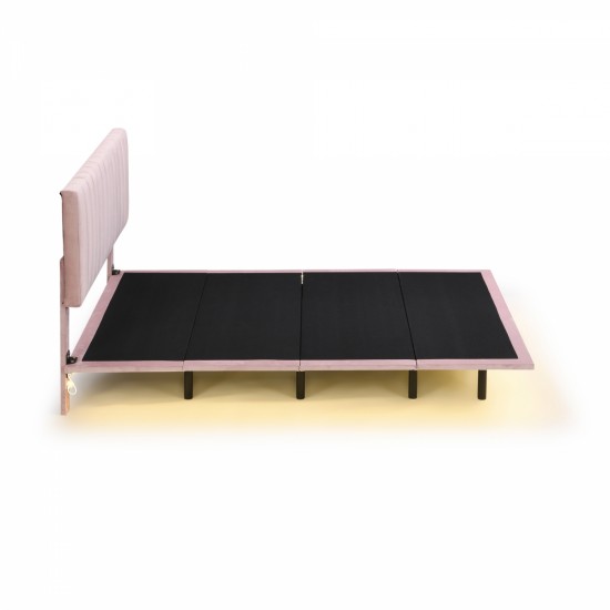 Queen Size Upholstered Bed with LED lights and Headboard, Floating Velvet Platform Bed, Pink