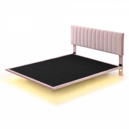 Queen Size Upholstered Bed with LED lights and Headboard, Floating Velvet Platform Bed, Pink