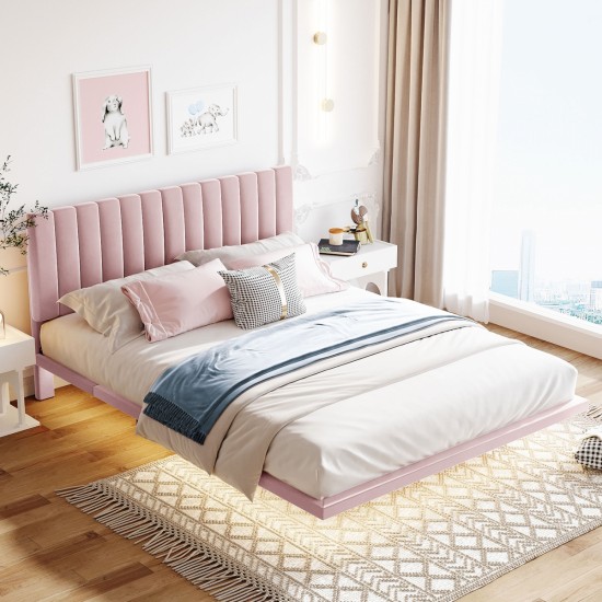 Queen Size Upholstered Bed with LED lights and Headboard, Floating Velvet Platform Bed, Pink