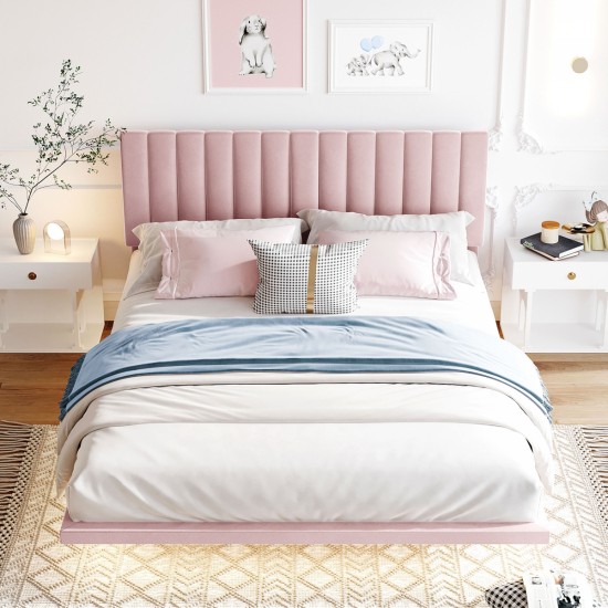 Queen Size Upholstered Bed with LED lights and Headboard, Floating Velvet Platform Bed, Pink