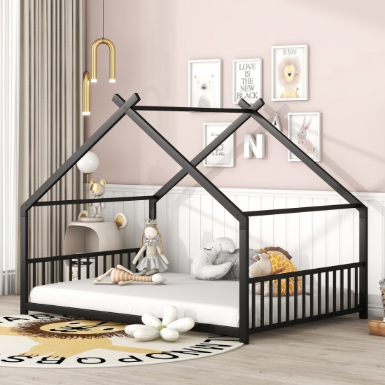 Full Size Metal House Bed, Black