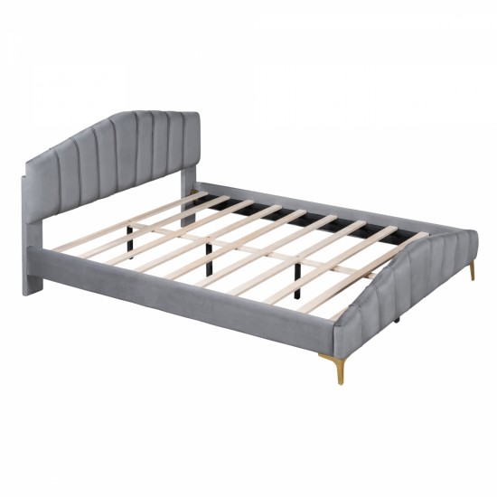 Queen Size Velvet Platform Bed with Thick Fabric, Stylish Stripe Decorated Bedboard and Elegant Metal Bed Leg, Gray