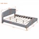 Queen Size Velvet Platform Bed with Thick Fabric, Stylish Stripe Decorated Bedboard and Elegant Metal Bed Leg, Gray