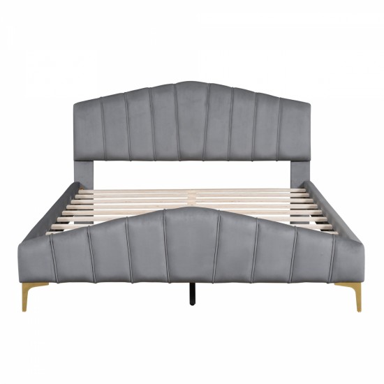 Queen Size Velvet Platform Bed with Thick Fabric, Stylish Stripe Decorated Bedboard and Elegant Metal Bed Leg, Gray