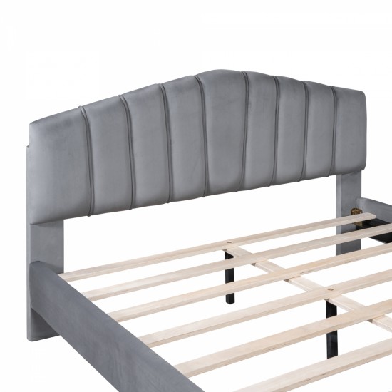 Queen Size Velvet Platform Bed with Thick Fabric, Stylish Stripe Decorated Bedboard and Elegant Metal Bed Leg, Gray