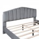 Queen Size Velvet Platform Bed with Thick Fabric, Stylish Stripe Decorated Bedboard and Elegant Metal Bed Leg, Gray