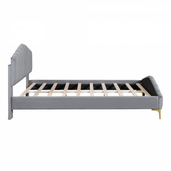 Queen Size Velvet Platform Bed with Thick Fabric, Stylish Stripe Decorated Bedboard and Elegant Metal Bed Leg, Gray