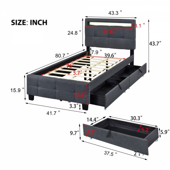 Twin Size Upholstered Platform Bed with LED Frame and 2 Drawers, Linen Fabric, Gray