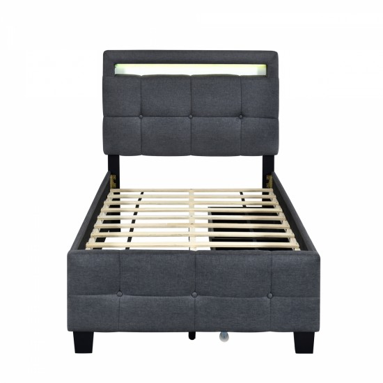 Twin Size Upholstered Platform Bed with LED Frame and 2 Drawers, Linen Fabric, Gray