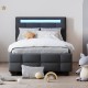 Twin Size Upholstered Platform Bed with LED Frame and 2 Drawers, Linen Fabric, Gray