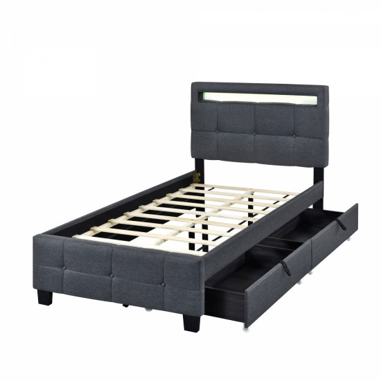 Twin Size Upholstered Platform Bed with LED Frame and 2 Drawers, Linen Fabric, Gray