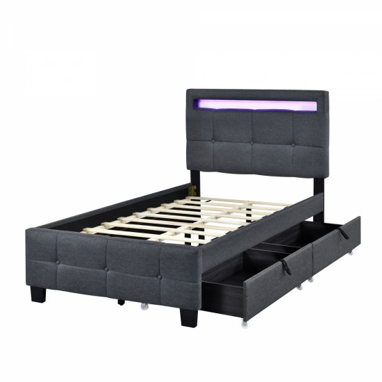 Twin Size Upholstered Platform Bed with LED Frame and 2 Drawers, Linen Fabric, Gray