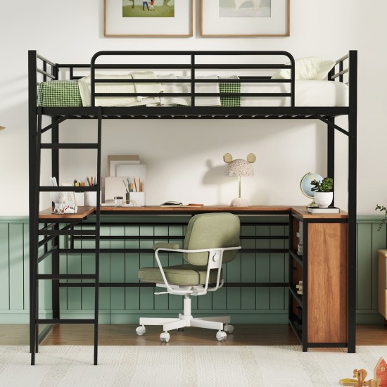 Full Size Metal Loft Bed with 3 Layers of Shelves and L-shaped Desk, Black