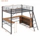 Full Size Metal Loft Bed with 3 Layers of Shelves and L-shaped Desk, Black