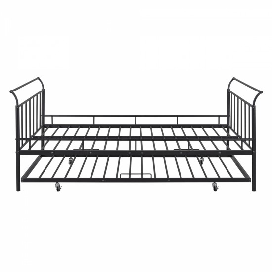 Full Size Metal Daybed with Curved Handle Design and Twin Size Trundle, Black