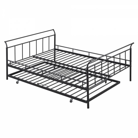 Full Size Metal Daybed with Curved Handle Design and Twin Size Trundle, Black