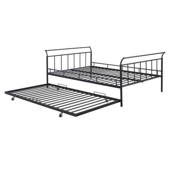 Full Size Metal Daybed with Curved Handle Design and Twin Size Trundle, Black