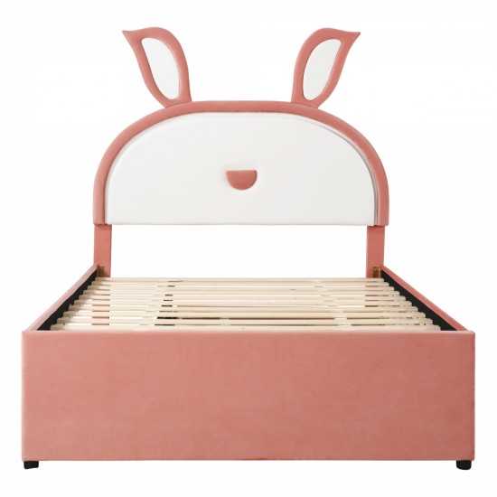 Full Size Upholstered Platform Bed with Trundle and 3 Drawers, Rabbit-Shaped Headboard with Embedded LED Lights, Pink