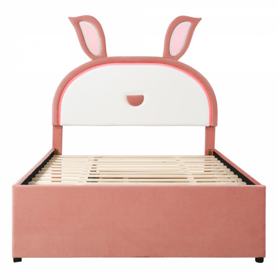 Full Size Upholstered Platform Bed with Trundle and 3 Drawers, Rabbit-Shaped Headboard with Embedded LED Lights, Pink