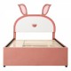 Full Size Upholstered Platform Bed with Trundle and 3 Drawers, Rabbit-Shaped Headboard with Embedded LED Lights, Pink